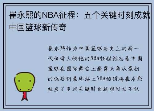 崔永熙的NBA征程：五个关键时刻成就中国篮球新传奇